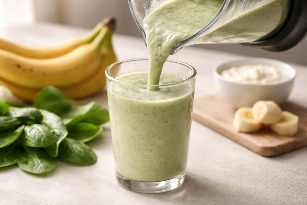 calm morning smoothie being poured into a glass
