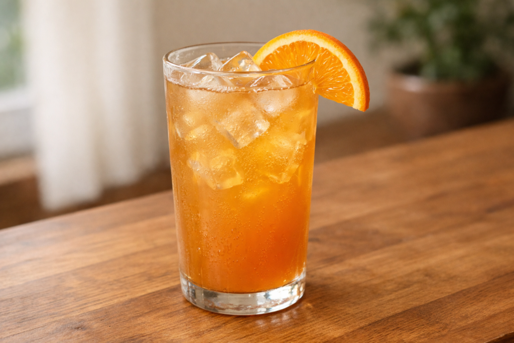 glass of orange iced tea with citrus slice on a wooden countertop in natural light