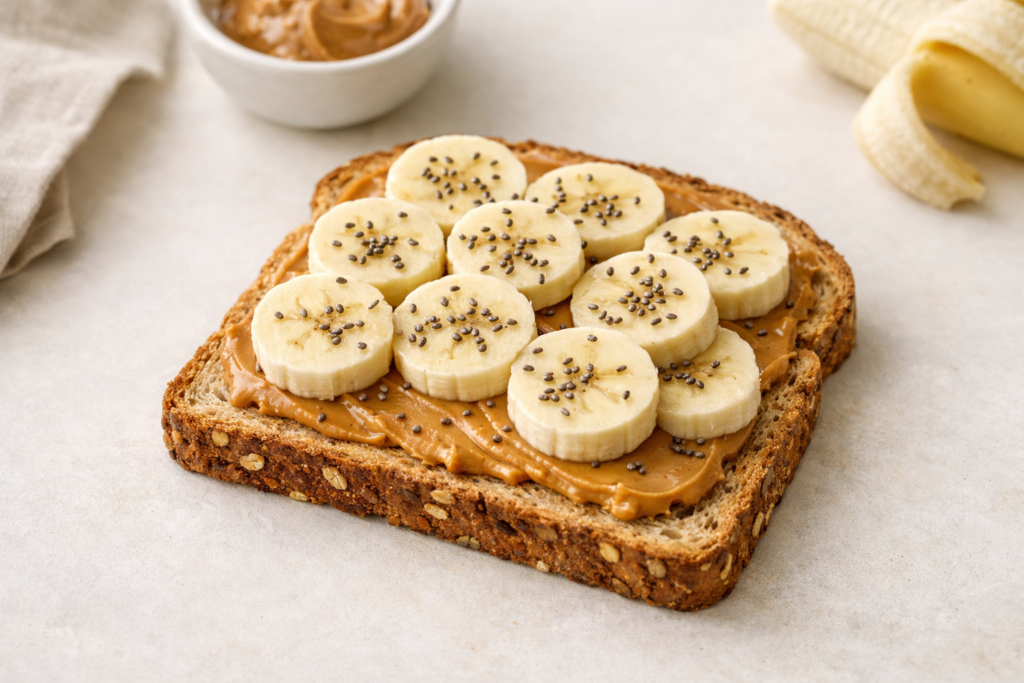 peanut butter banana toast on whole grain bread with chia seeds