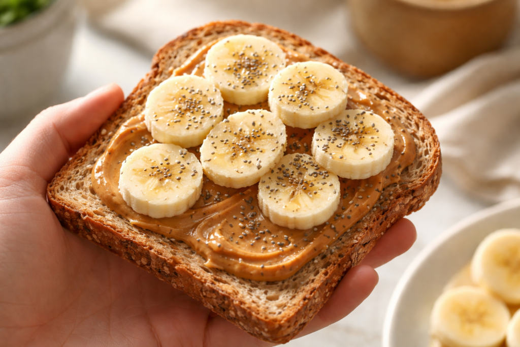 peanut butter banana morning toast with sliced bananas