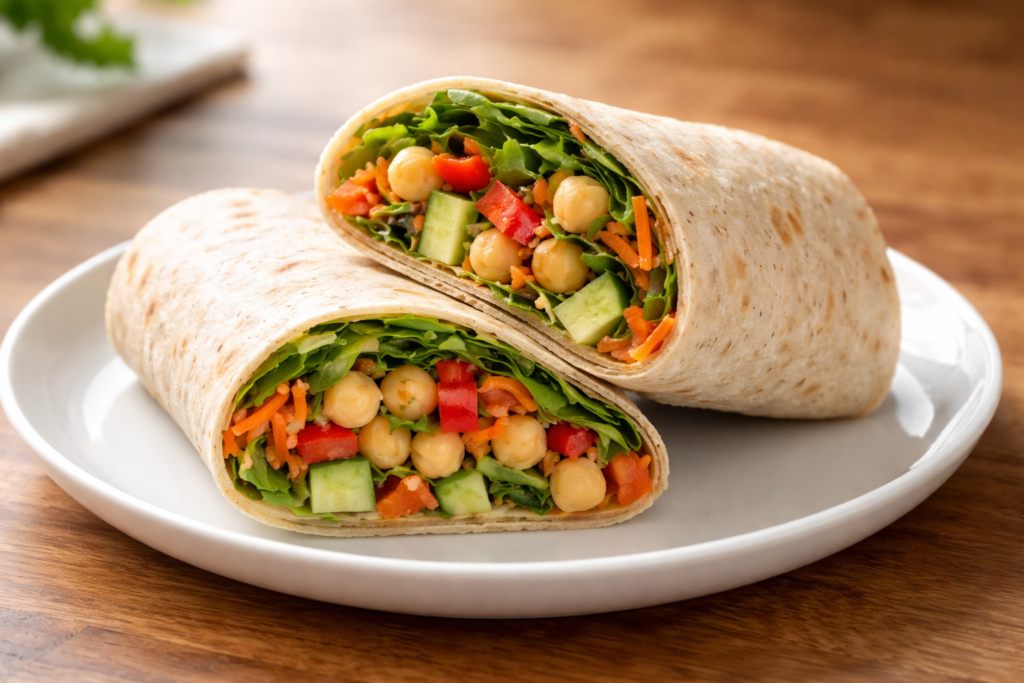 quick veggie wrap cut open with vegetables on a wooden countertop in natural light