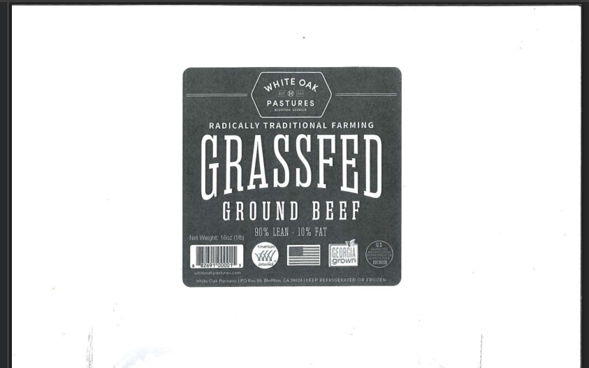 White Oak Pastures grassfed ground beef label package
