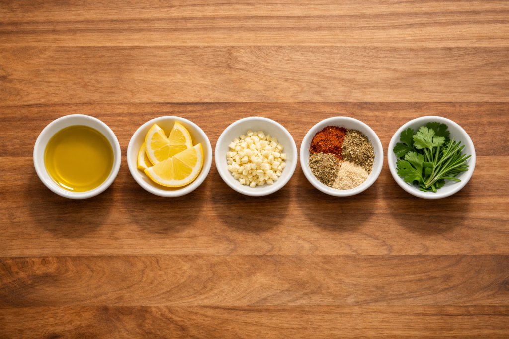 olive oil lemon garlic spices and herbs on a wooden countertop in natural light