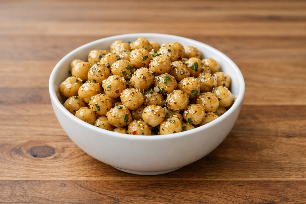 chickpeas with olive oil herbs and spices in a bowl on a wooden countertop