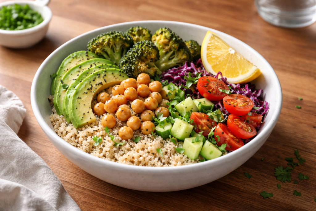 simple grain bowl with grains chickpeas and vegetables