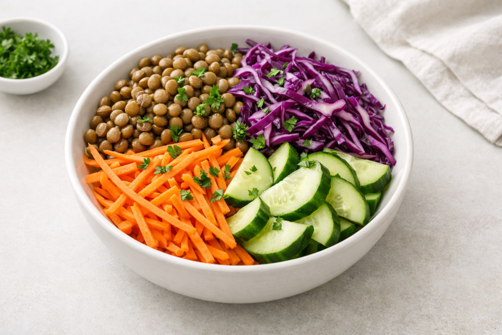 simple lentil crunchy vegetable bowl with carrots cucumber and cabbage