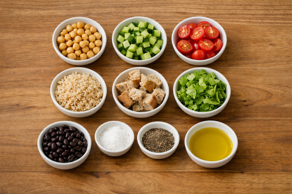 ingredients for a simple lunch plate arranged on a wooden countertop