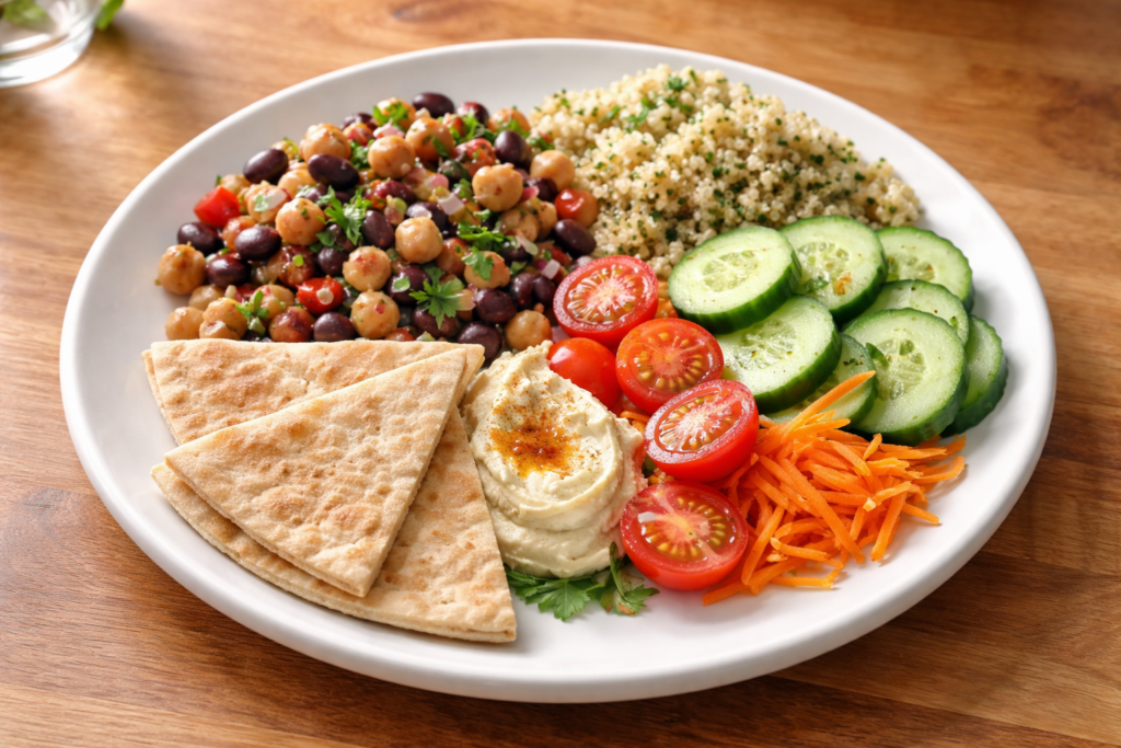 simple lunch plate with beans vegetables and grains on a wooden countertop in natural light