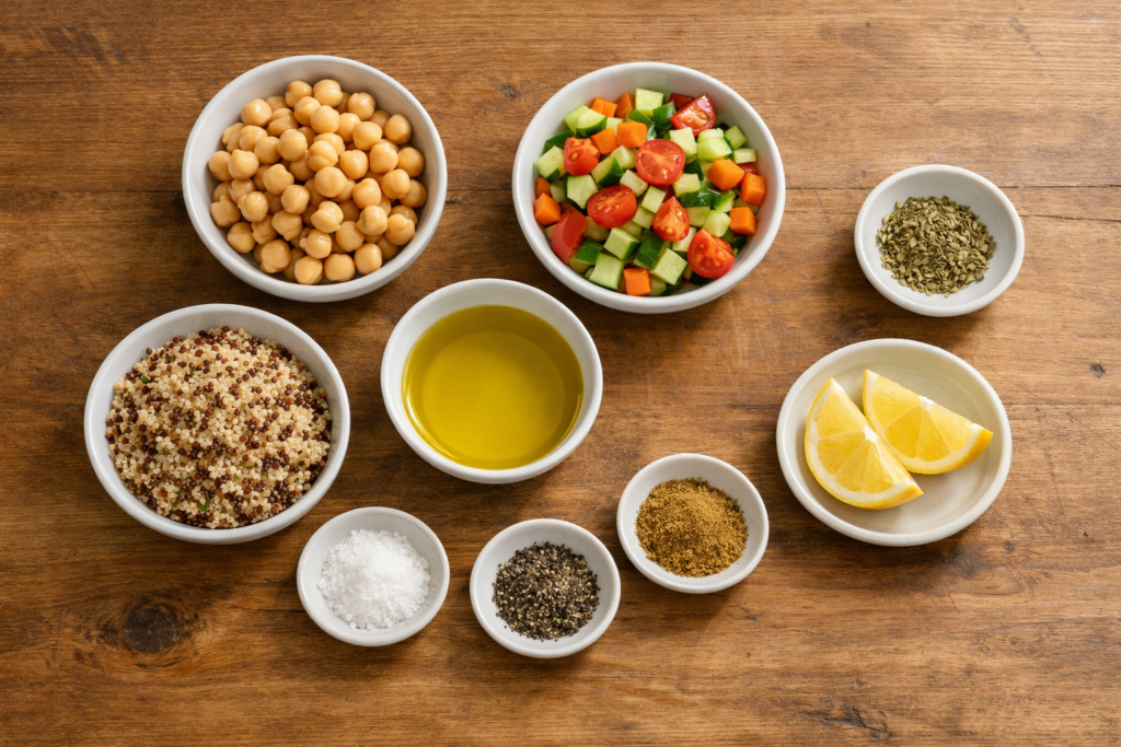 ingredients for a simple meal formula arranged on a wooden countertop