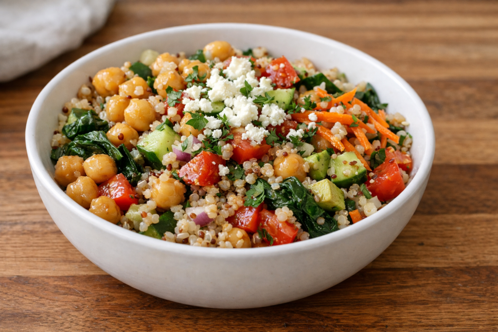 simple meal bowl with chickpeas vegetables and grains on a wooden countertop in natural light
