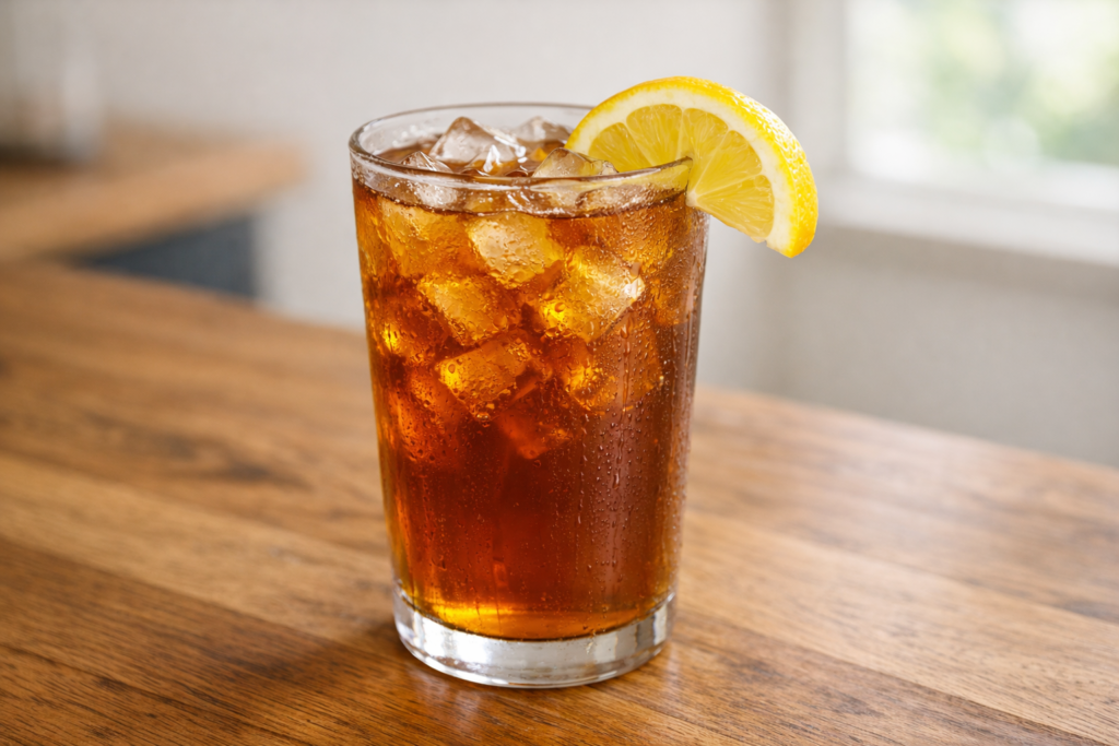 glass of simple sweet tea with lemon on a wooden countertop in natural light