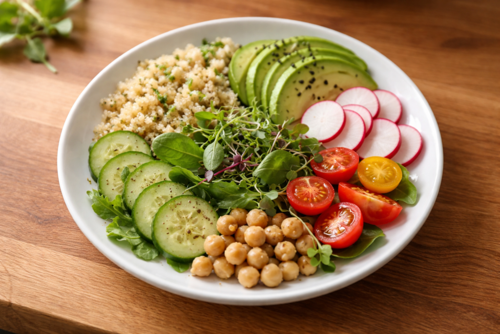 spring plate idea with fresh vegetables and grains on a wooden countertop in natural light