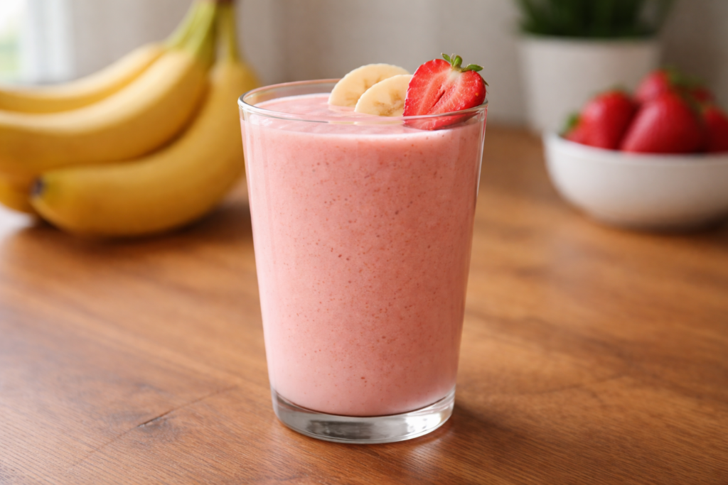 strawberry banana morning smoothie in glass