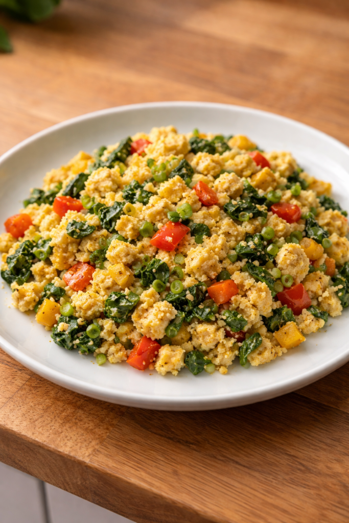 tofu scramble with veggies including peppers and greens