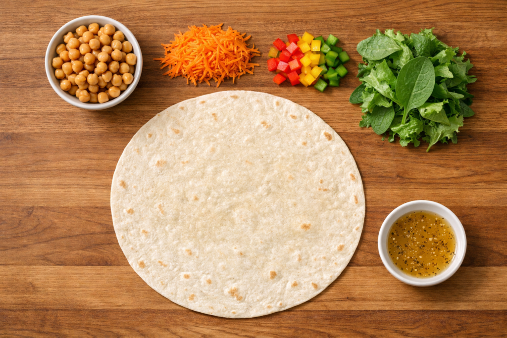 ingredients for a quick veggie wrap arranged on a wooden countertop