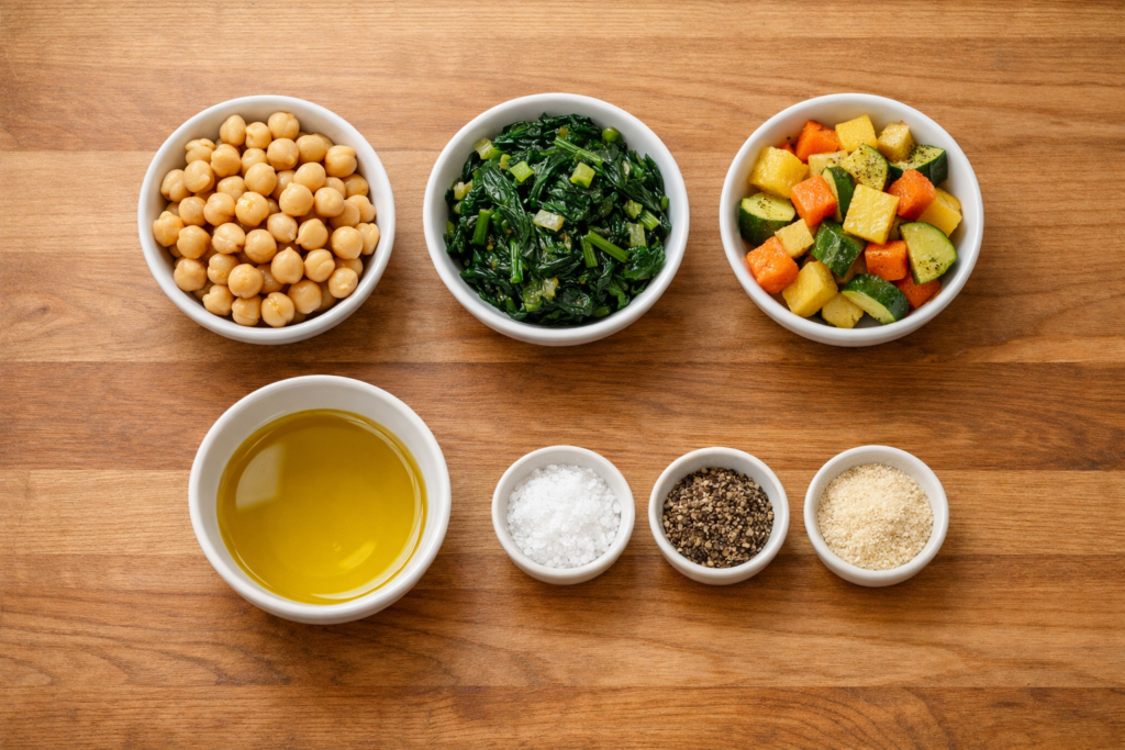 ingredients for a warm light bowl arranged on a wooden countertop