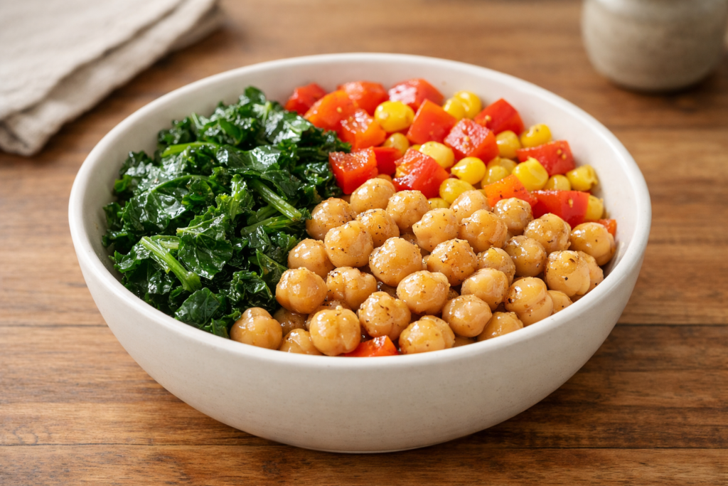 warm chickpea veggie breakfast bowl with kale peppers and corn