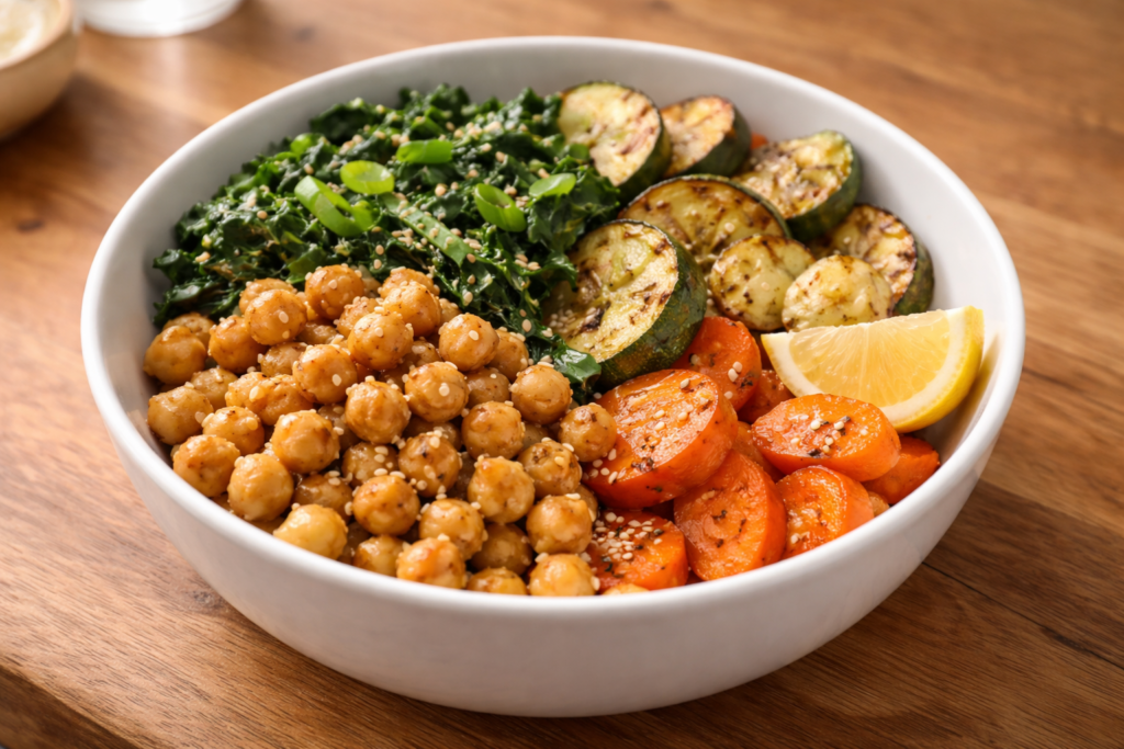 warm light bowl with chickpeas and greens on a wooden countertop in natural light