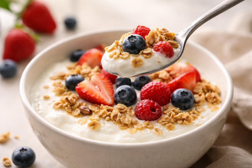 yogurt and berry morning bowl with granola and fresh berries
