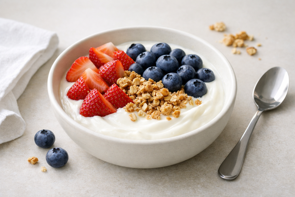 yogurt and berry morning bowl with strawberries blueberries and granola