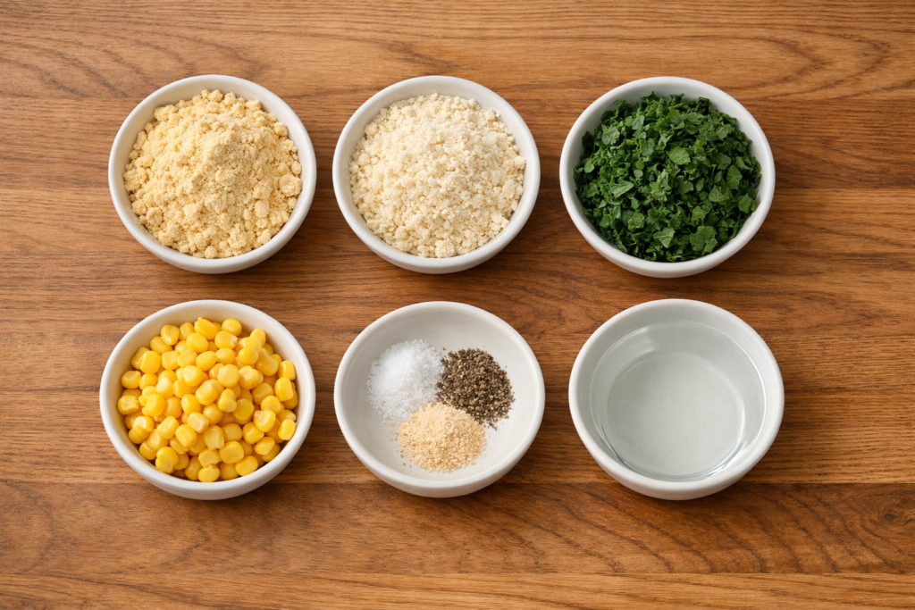 ingredients for savory chickpea pancakes including chickpea flour greens and seasonings