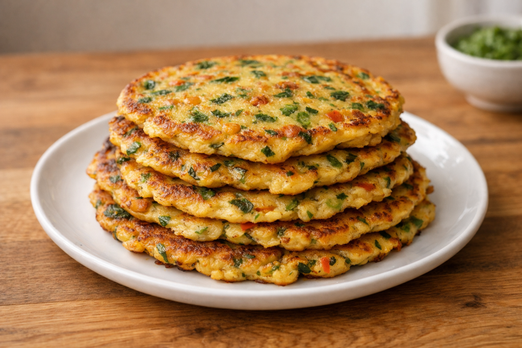 savory chickpea pancakes with greens lightly crisped on edges
