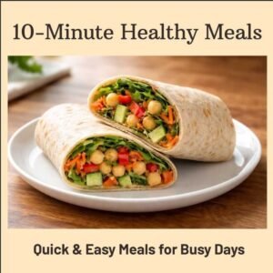 10 minute healthy meals book cover with chickpea wrap on plate
