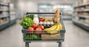 Grocery shopping cart with fresh food items in a supermarket, representing saving money on groceries