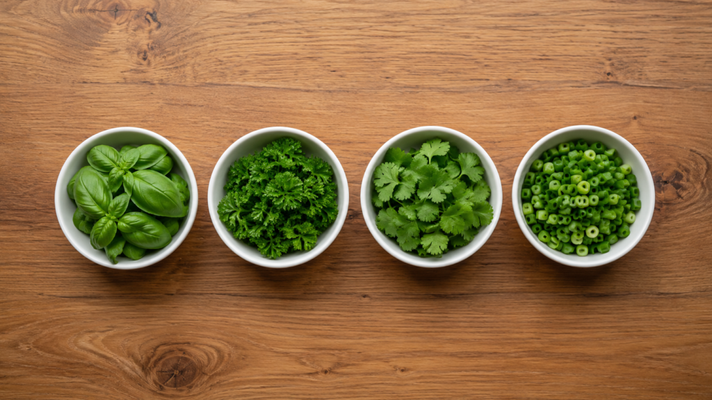 fresh herbs arranged in small bowls on a wooden countertop in soft natural light