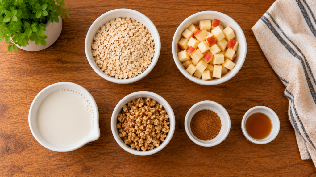 Ingredients for apple walnut overnight oats including rolled oats, diced apple, walnuts, plant-based milk, and cinnamon arranged on a wooden countertop.