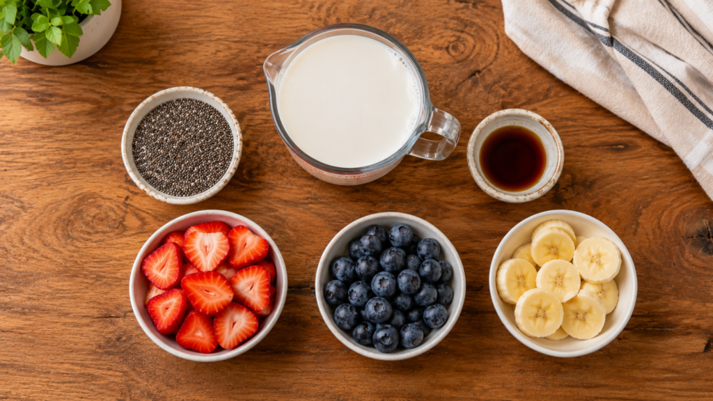 Ingredients for a berry chia breakfast bowl including chia seeds, plant-based milk, strawberries, blueberries, and banana slices arranged on a wooden countertop.