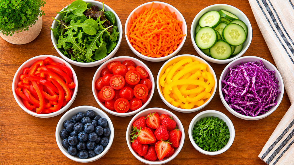 A variety of colorful vegetables and fruits arranged on a wooden countertop including carrots, peppers, greens, tomatoes, and berries.