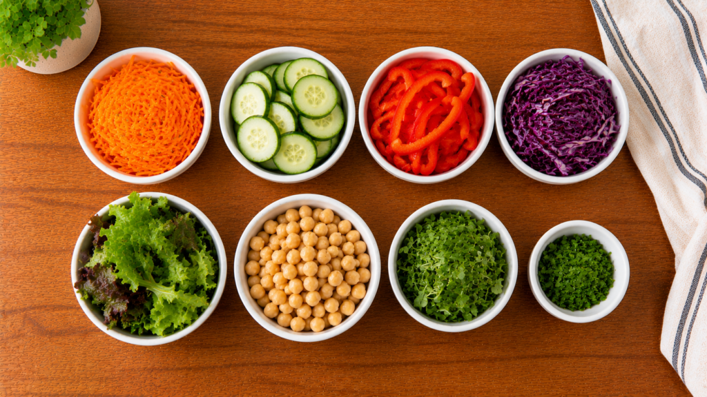 Colorful vegetables including carrots, cucumbers, bell peppers, cabbage, and leafy greens arranged on a wooden countertop.
