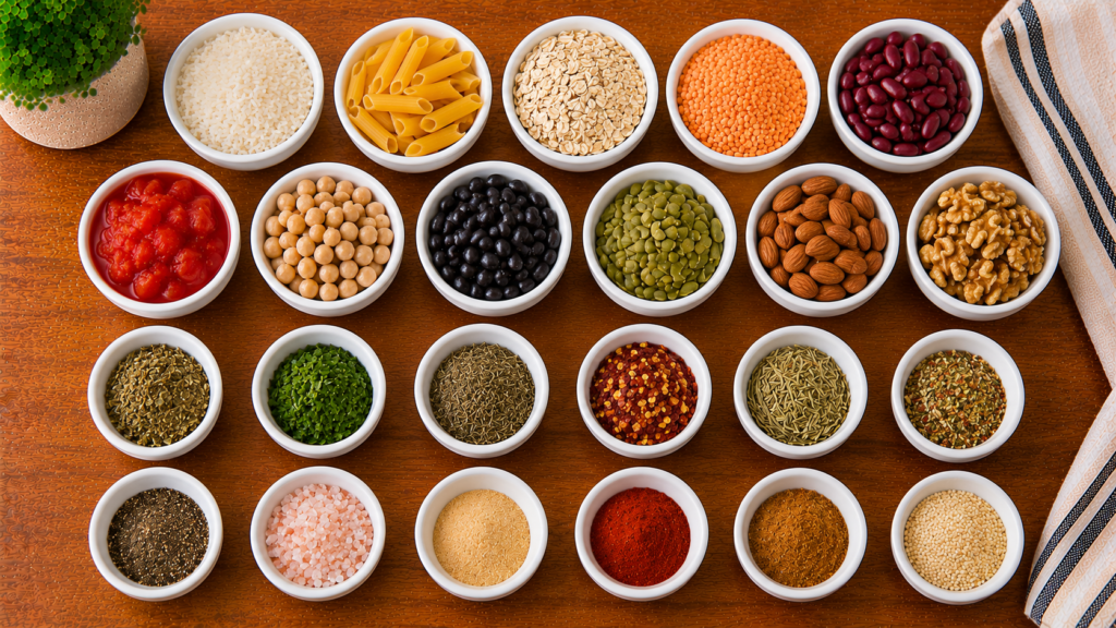 Rice, beans, pasta, oats, canned tomatoes, herbs, and spices arranged on a wooden countertop.