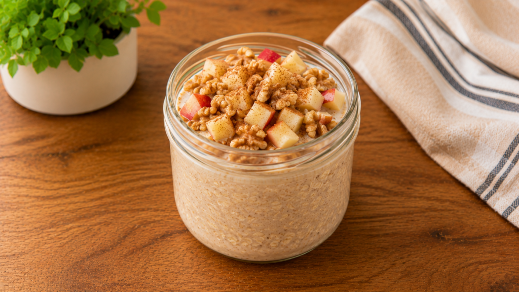 Ingredients for apple walnut overnight oats including rolled oats, diced apple, walnuts, plant-based milk, and cinnamon arranged on a wooden countertop.