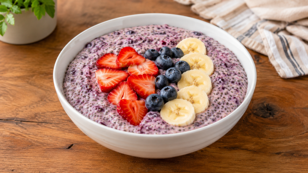 Berry chia breakfast bowl topped with strawberries, blueberries, and banana slices in a white bowl on a wooden countertop.