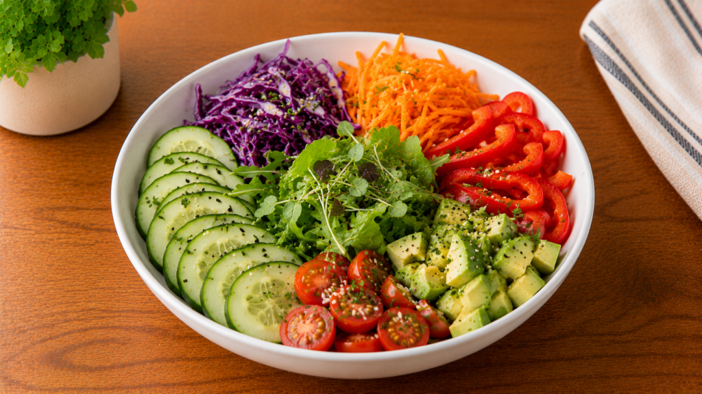 Crunchy rainbow veggie bowl filled with colorful vegetables including carrots, cucumbers, bell peppers, cabbage, and greens in a white bowl on a wooden countertop.
