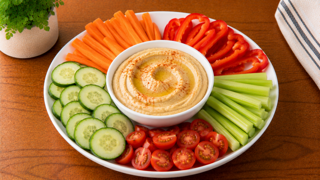 Hummus snack plate with fresh vegetables including cucumbers, carrots, bell peppers, and cherry tomatoes arranged around a bowl of hummus on a white plate on a wooden countertop.