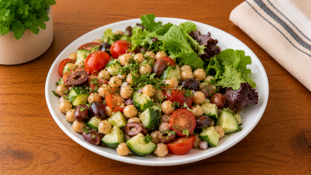 Mediterranean chickpea lunch plate with chickpeas, cucumbers, tomatoes, olives, and fresh herbs on a white plate on a wooden countertop.