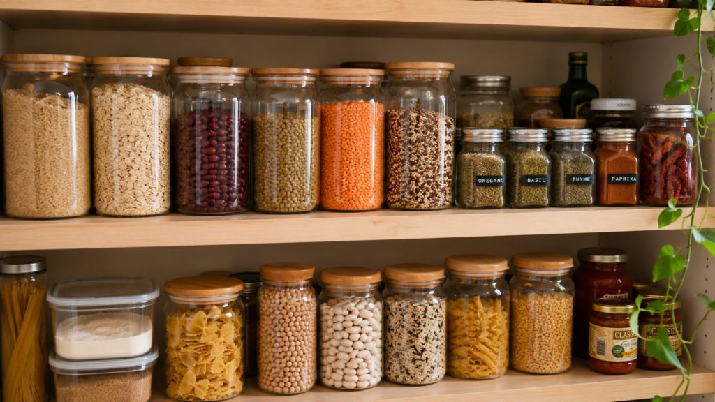 A collection of pantry staples including beans, rice, pasta, oats, spices, and canned goods arranged neatly on kitchen shelves.
