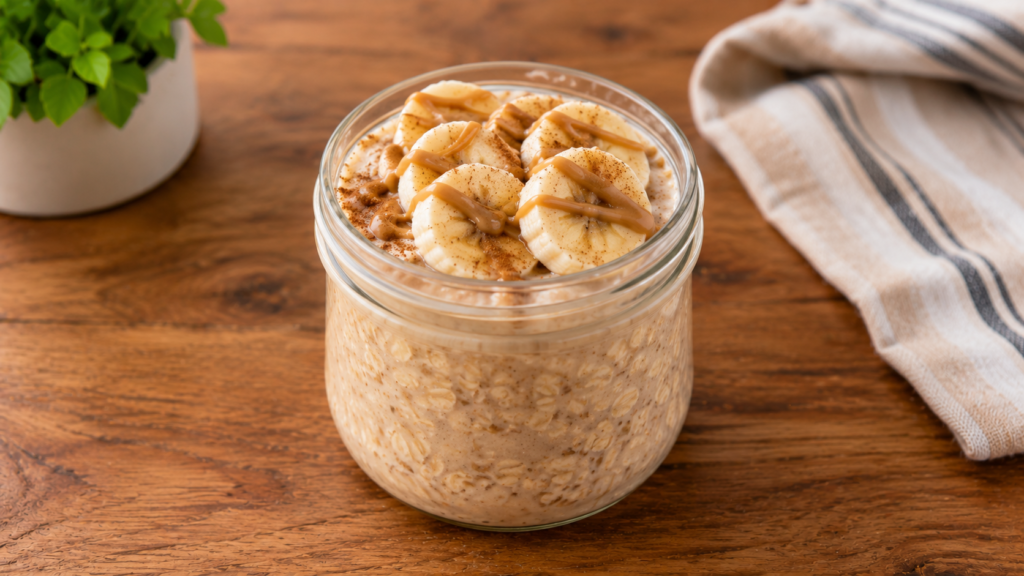 Peanut butter banana overnight oats topped with banana slices and a drizzle of peanut butter in a glass jar on a wooden countertop.