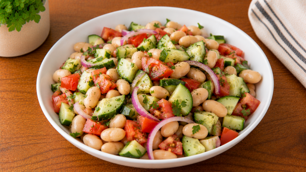 Simple white bean and cucumber salad with fresh cucumbers, white beans, herbs, and vegetables in a white bowl on a wooden countertop.
