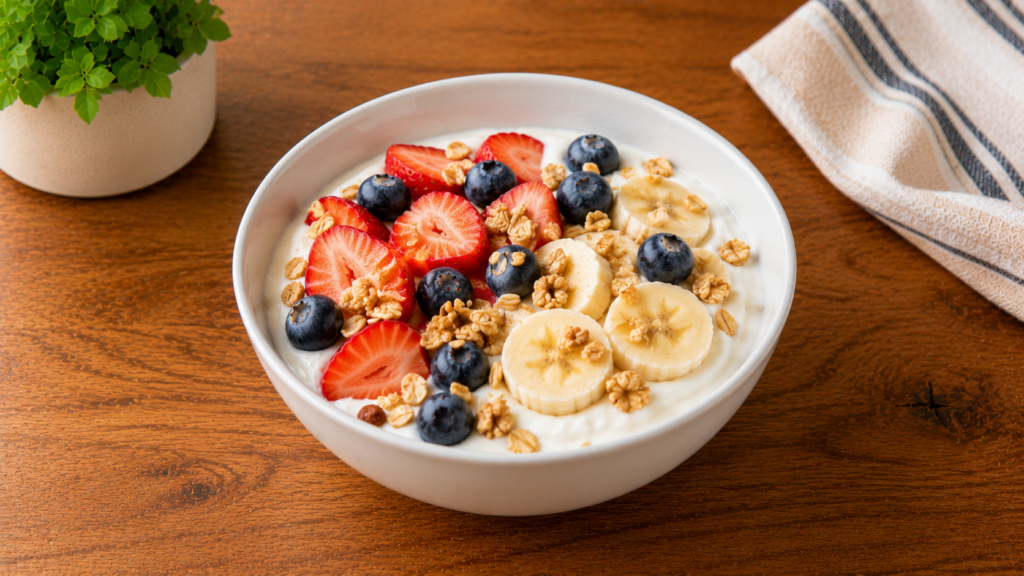 Simple yogurt and fruit breakfast bowl topped with strawberries, blueberries, banana slices, and granola in a white bowl on a wooden countertop.