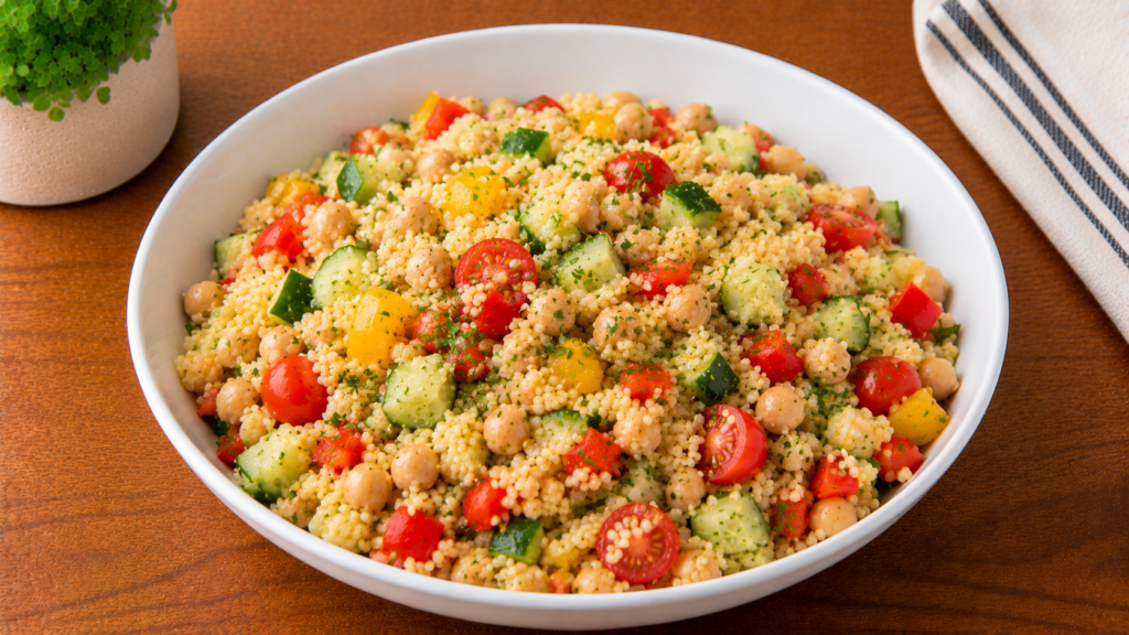 Summer couscous salad bowl filled with couscous, cucumbers, tomatoes, fresh herbs, and colorful vegetables in a white bowl on a wooden countertop.