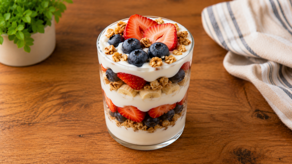 Summer fruit breakfast parfait layered with plant-based yogurt, strawberries, blueberries, and granola in a clear glass on a wooden countertop.