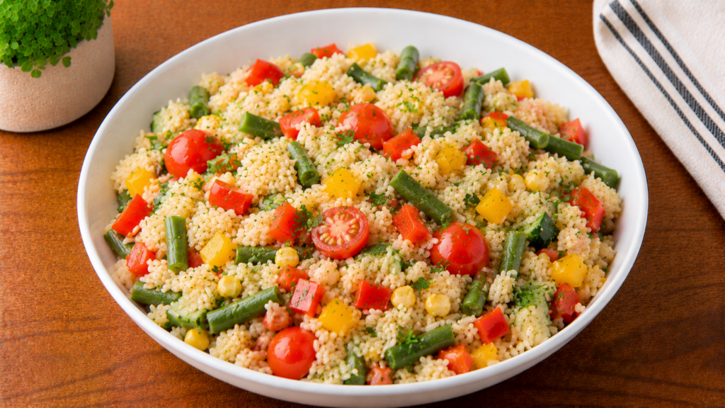 Summer veggie rice pilaf bowl filled with rice, colorful vegetables, and fresh herbs in a white bowl on a wooden countertop.