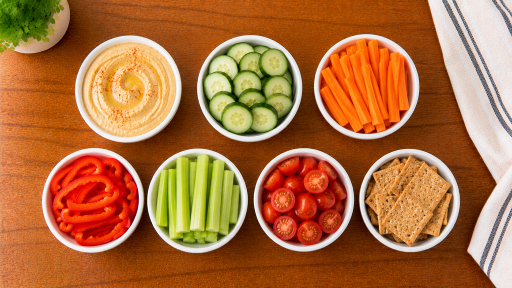 Fresh vegetables including cucumbers, carrots, bell peppers, cherry tomatoes, and hummus arranged on a wooden countertop.