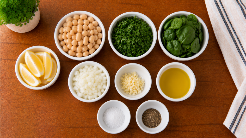 White beans, fresh herbs, lemon, and vegetables arranged on a wooden countertop.