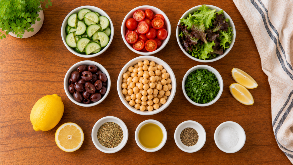 Chickpeas, cucumbers, tomatoes, olives, and fresh herbs arranged on a wooden countertop for a Mediterranean chickpea lunch plate.
