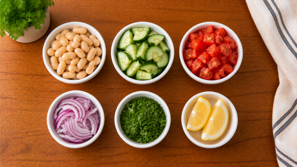 White beans, cucumbers, fresh herbs, and vegetables arranged on a wooden countertop for a simple white bean and cucumber salad.
